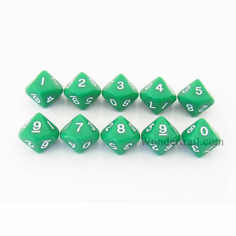 KOP08509 Green Opaque Dice White Numbers D10 16mm (5/8in) Pack of 10 Main Image