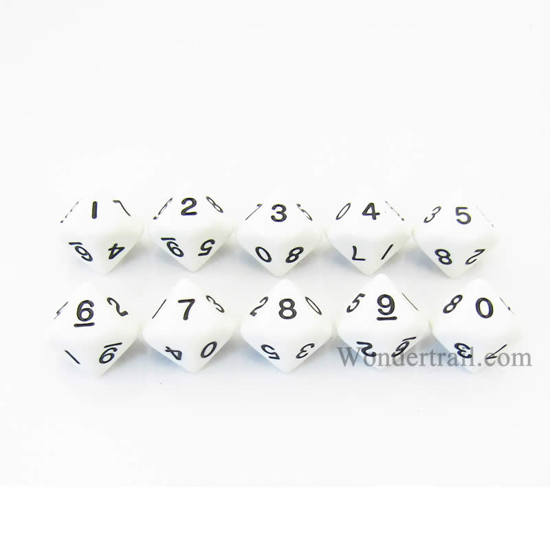 KOP08512 White Opaque Dice with Black Numbers D10 16mm (5/8in) Pack of 10 Main Image