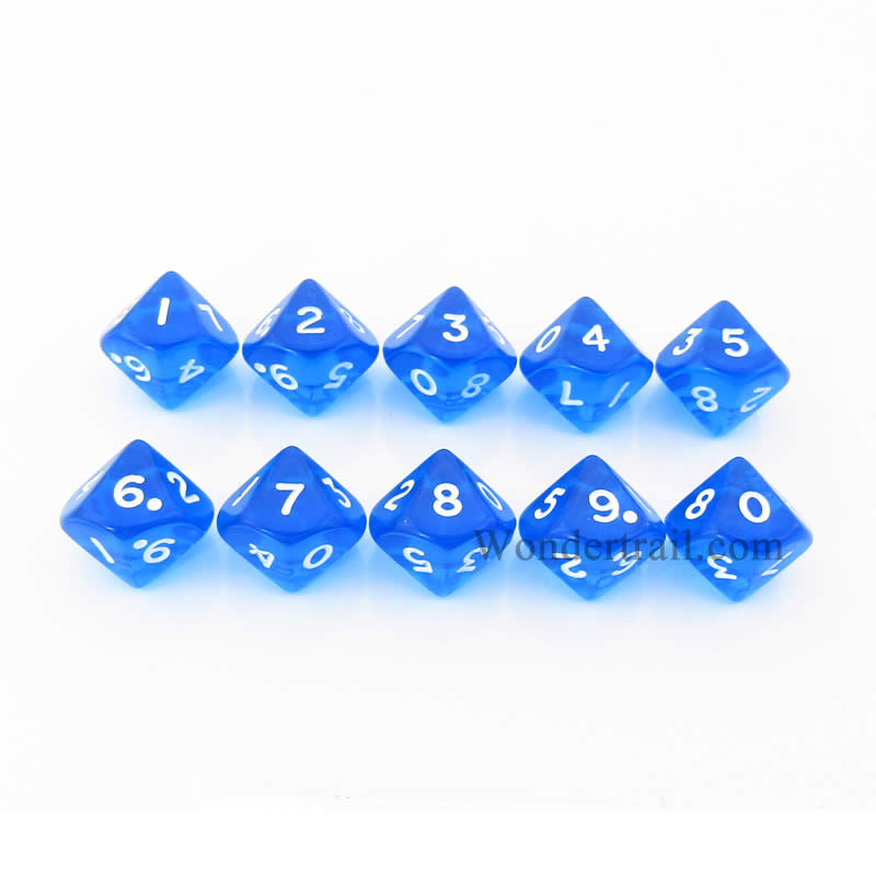 KOP08520 Blue Transparent Dice White Numbers D10 16mm Pack of 10 Main Image