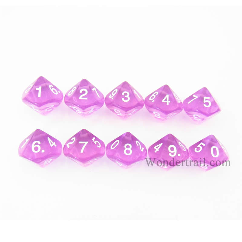 KOP08523 Orchid Transparent Dice White Numbers D10 16mm Pack of 10 Main Image
