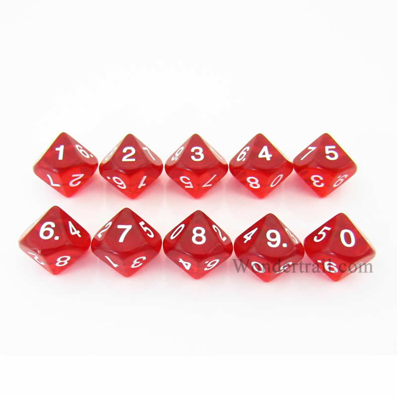 KOP08525 Red Transparent Dice White Numbers D10 16mm Pack of 10 Main Image