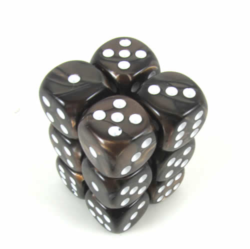 KOP08575 Brown Marbleized Deluxe Dice White Pips D6 16mm Pack of 12 Main Image