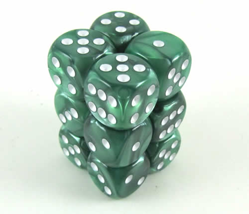 KOP08576 Green Marbleized Deluxe Dice White Pips D6 16mm Pack of 12 Main Image