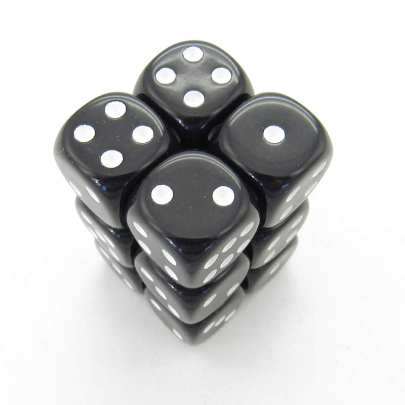KOP08582 Black Opaque Deluxe Dice White Pips D6 16mm Pack of 12 Main Image