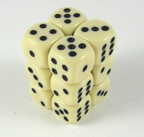 KOP08585 Ivory Opaque Deluxe Dice Black Pips D6 16mm (5/8in) Pack of 12 Main Image