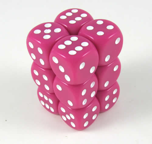 KOP08586 Pink Opaque Deluxe Dice White Pips D6 16mm (5/8in) Pack of 12 Main Image
