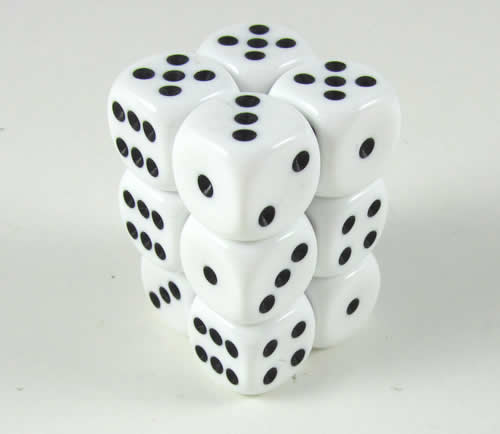 KOP08589 White Opaque Deluxe Dice Black Pips D6 16mm Pack of 12 Main Image