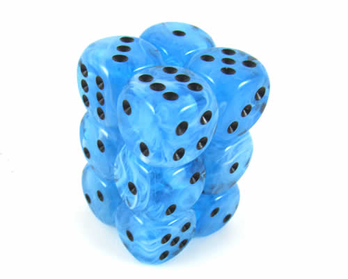 KOP08591 Ice Blue Swirl Deluxe Dice Black Pips D6 16mm (5/8in) Pack of 12 Main Image