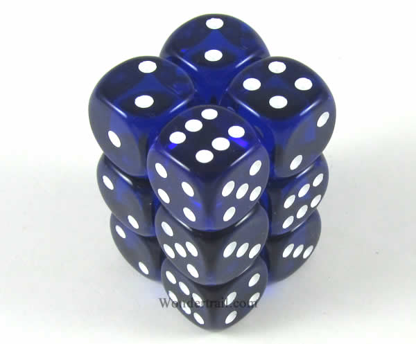 KOP08596 Blue Transparent Deluxe Dice with White Pips D6 16mm (5/8in) Pack of 12 Koplow Games Main Image