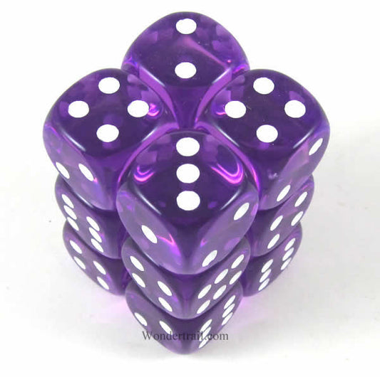 KOP08599 Purple Transparent Deluxe Dice White Pips D6 16mm Pack of 12 Main Image
