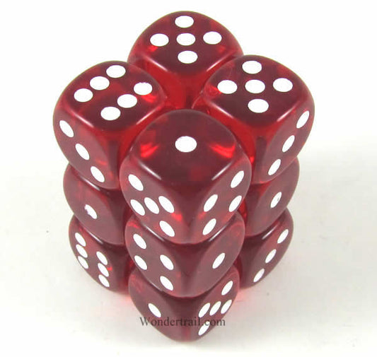 KOP08600 Red Transparent Deluxe Dice White Pips D6 16mm Pack of 12 Main Image