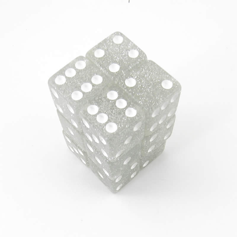 KOP08615 Clear Glitter Dice with White Pips D6 16mm (5/8in) Pack of 12 Main Image