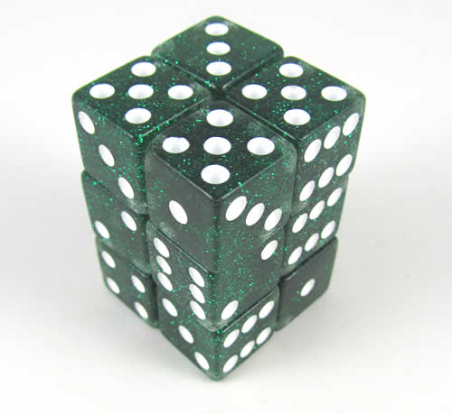 KOP08616 Green Glitter Dice with White Pips D6 16mm (5/8in) Pack of 12 Main Image