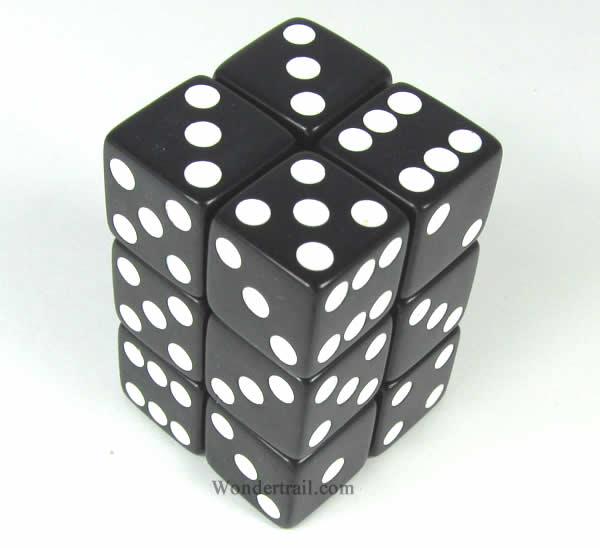 KOP08625 Black Opaque Dice with White Pips D6 16mm (5/8in) Pack of 12 Main Image