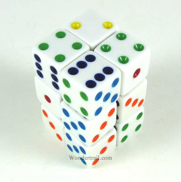 KOP08633 White Opaque Dice Multi Color Pips D6 16mm (5/8in) Pack of 12 Main Image