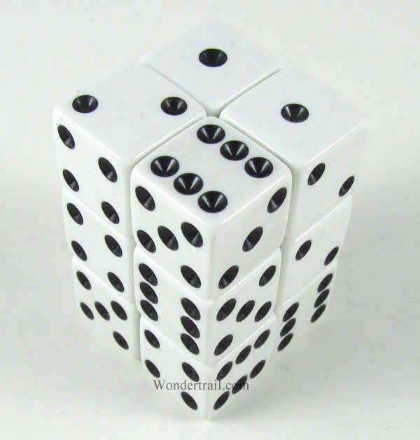 KOP08634 White Opaque Dice with Black Pips D6 16mm (5/8in) Pack of 12 Main Image