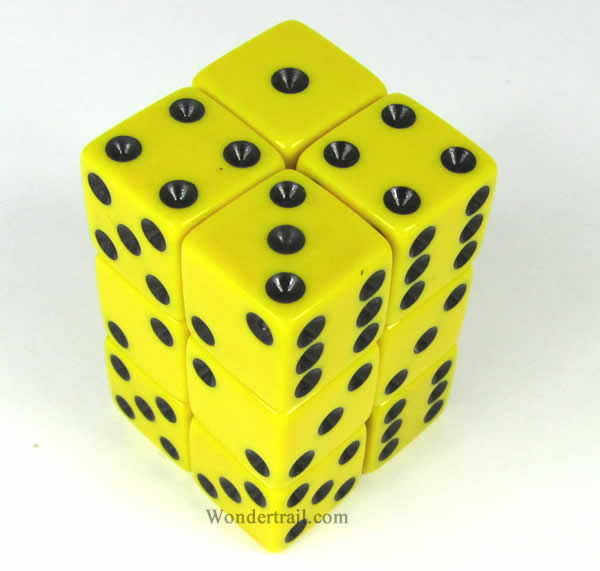 KOP08635 Yellow Opaque Dice with Black Pips D6 16mm (5/8in) Pack of 12 Main Image
