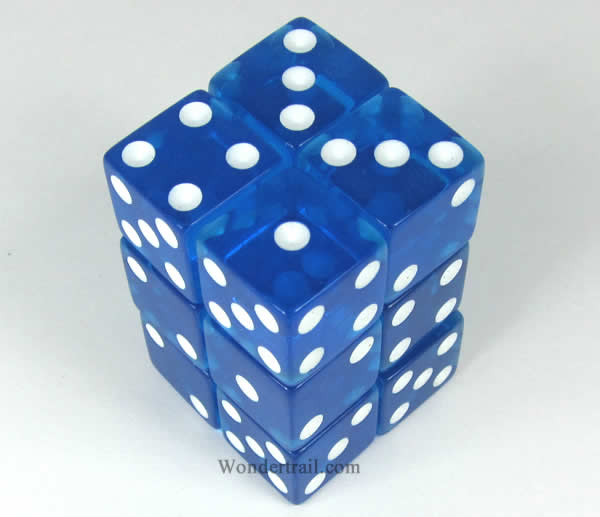 KOP08636 Blue Transparent Dice White Pips D6 16mm (5/8in) Pack of 12 Main Image