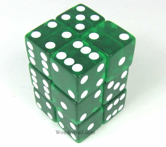KOP08638 Green Transparent Dice White Pips D6 16mm (5/8in) Pack of 12 Main Image