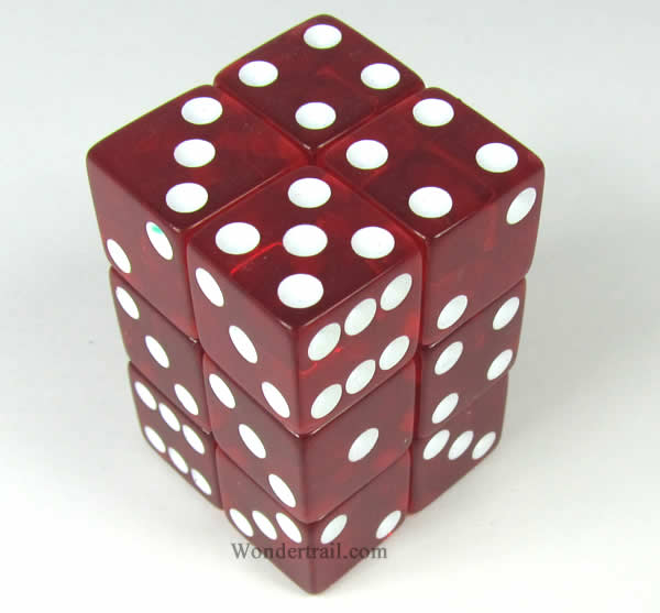 KOP08640 Red Transparent Dice with White Pips D6 16mm (5/8in) Pack of 12 Main Image