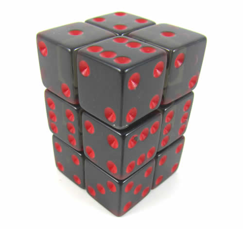 KOP08641 Smoke Transparent Dice Red Pips D6 16mm (5/8in) Pack of 12 Main Image