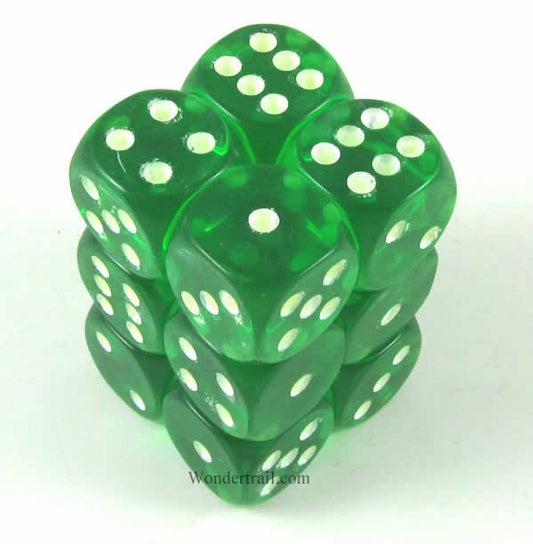 KOP08646 Green Transparent Dice Glow in the Dark Pips D6 16mm Pack of 12 Main Image