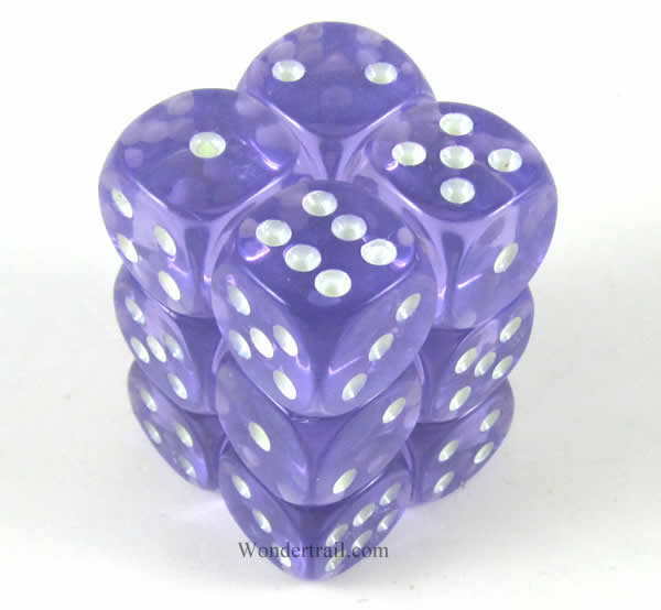 KOP08647 Purple Transparent Dice Glow in the Dark Pips D6 16mm Pack of 12 Main Image