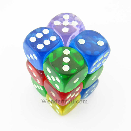 KOP09203 Assorted Transparent Dice Glow in Dark Pips D6 16mm Pack of 12 Main Image