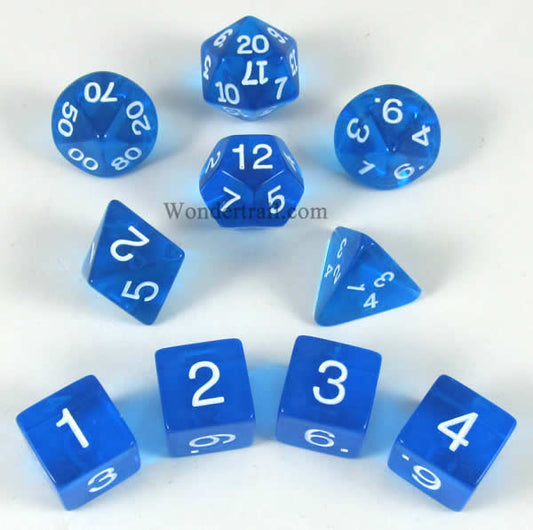 KOP09948 Blue Transparent Dice White Numbers 16mm (5/8in) Set of 10 Main Image