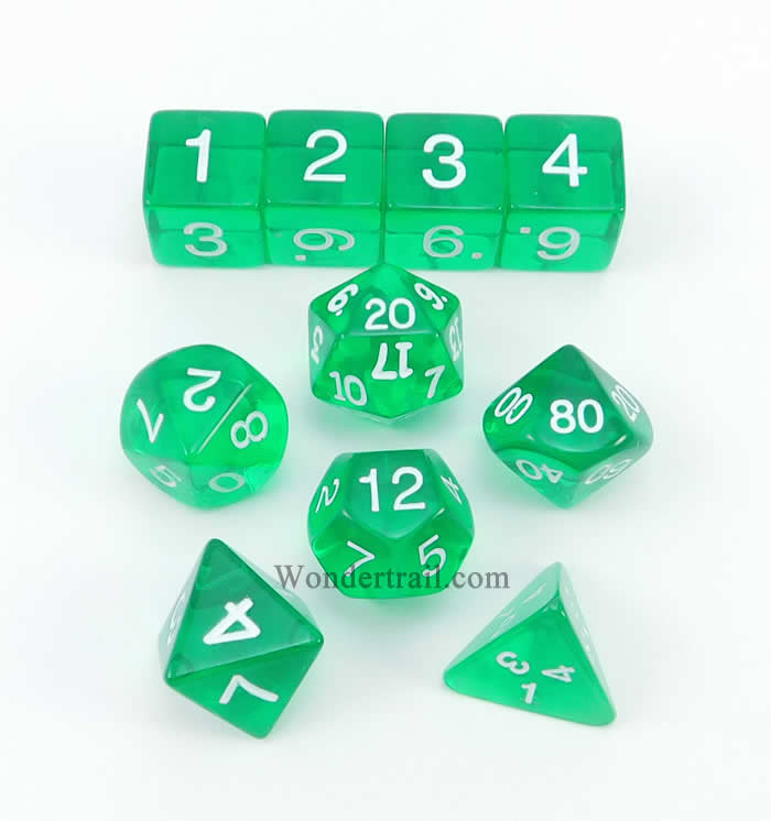 KOP09950 Green Transparent Dice White Numbers 16mm (5/8in) Set of 10 Main Image