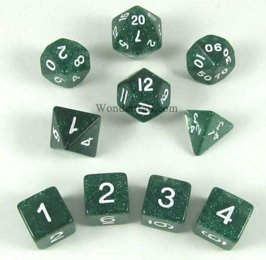 KOP10027 Green Glitter Dice with White Numbers 16mm (5/8in) Set of 10 Main Image