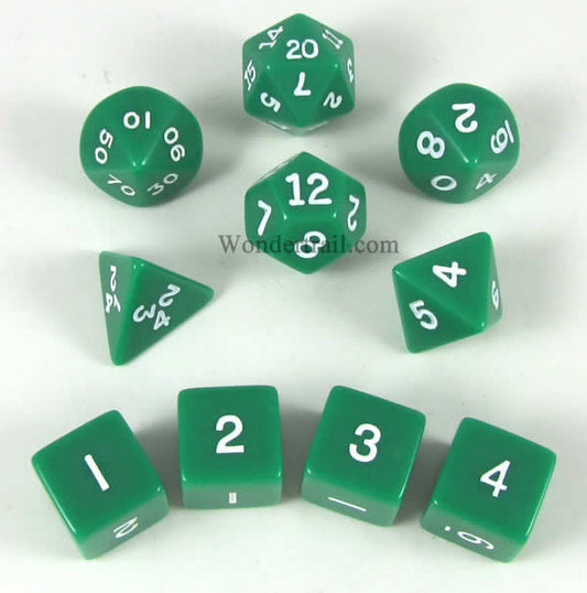KOP10055 Green Opaque Dice with White Numbers 16mm (5/8in) Set of 10 Main Image