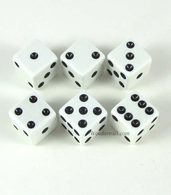 KOP10761 White Opaque Dice Black Pips D6 16mm (5/8in) Pack of 6 Main Image