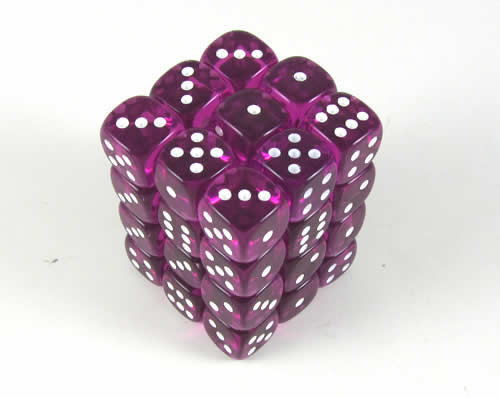 KOP10811 Magenta Transparent Deluxe Dice White Pips D6 12mm Pack of 36 Main Image