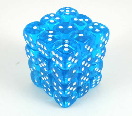 KOP10812 Turquoise Transparent Deluxe Dice White Pips D6 12mm Pack of 36 Main Image