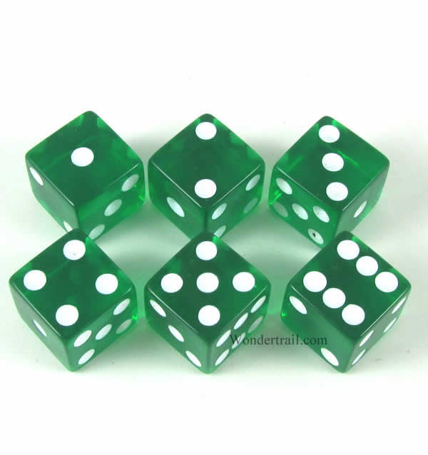 KOP10874 Green Transparent Dice White Pips D6 16mm (5/8in) Pack of 6 Main Image
