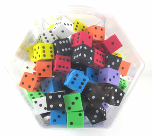 KOP10937 Assorted Opaque Foam Dice Dots D6 25mm (1in) Bulk Pack 100 Main Image