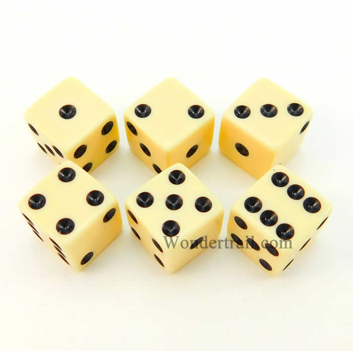 KOP11040 Ivory Opaque Dice with Black Pips D6 16mm (5/8in) Pack of 6 Main Image