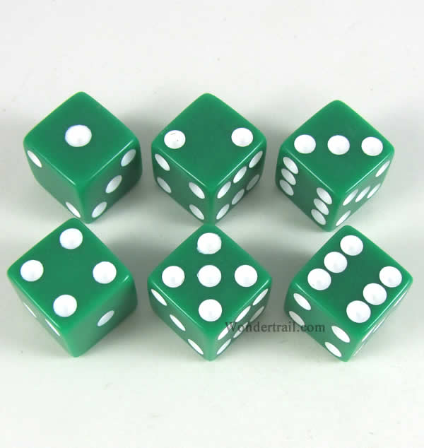 KOP11042 Green Opaque Dice with White Pips D6 16mm (5/8in) Pack of 6 Main Image