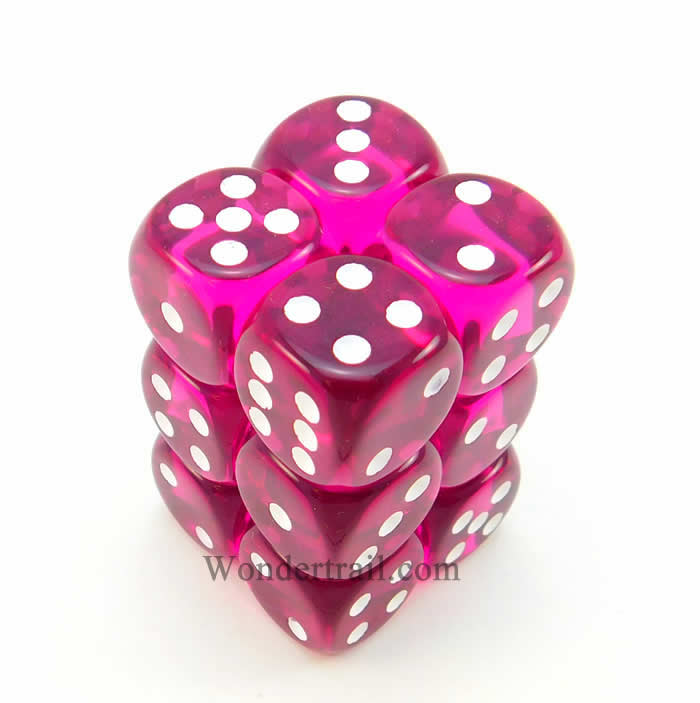 KOP11454 Magenta Transparent Deluxe Dice White Pips D6 16mm Pack of 12 Main Image