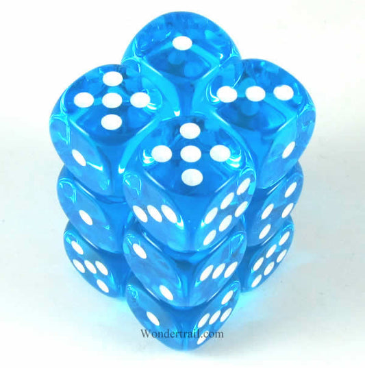 KOP11455 Turquoise Transparent Deluxe Dice with White Pips D6 16mm (5/8in) Pack of 12 Koplow Games Main Image