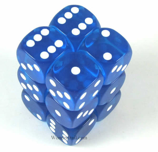KOP11609 Blue Transparent Dice White Pips D6 16mm (5/8in) Pack of 12 Main Image