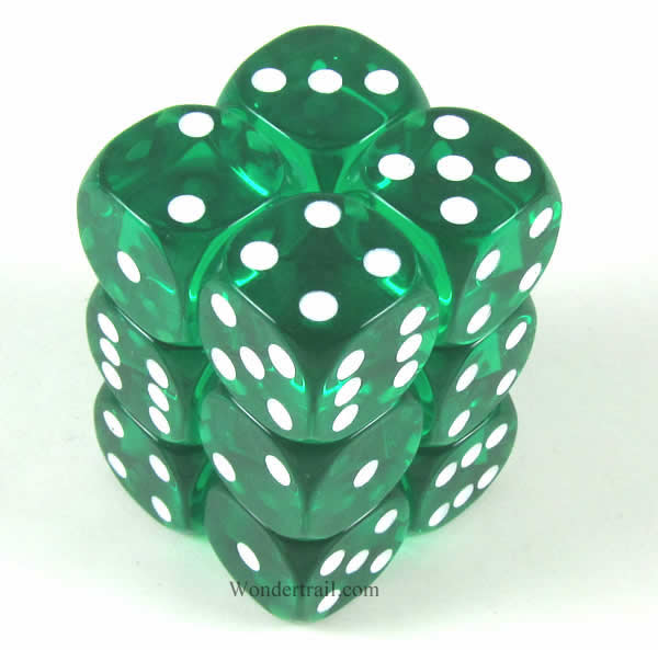 KOP11610 Green Transparent Dice White Pips D6 16mm (5/8in) Pack of 12 Main Image