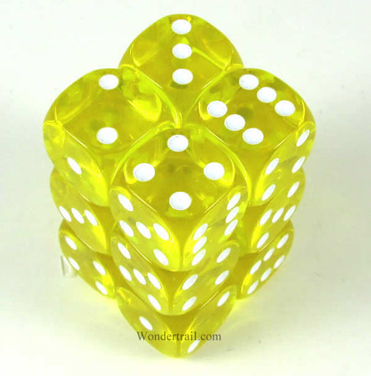 KOP11611 Yellow Transparent Dice White Pips D6 16mm (5/8in) Pack of 12 Main Image