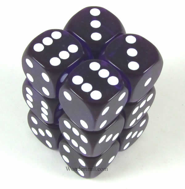 KOP11612 Purple Transparent Dice White Pips D6 16mm (5/8in) Pack of 12 Main Image
