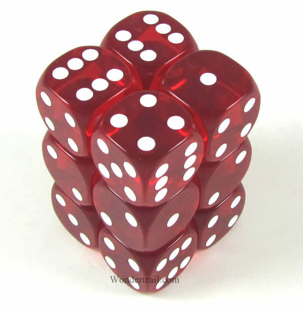KOP11613 Red Transparent Dice White Pips D6 16mm (5/8in) Pack of 12 Main Image