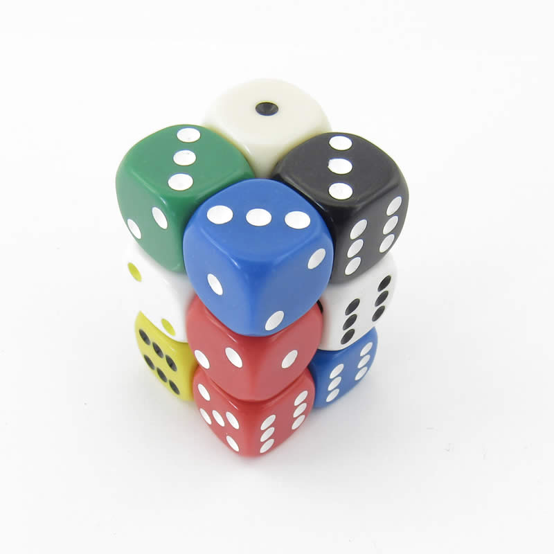 KOP11637 Assorted Opaque Dice with Pips D6 16mm (5/8in) Pack of 12 Main Image