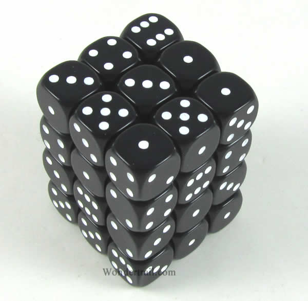 KOP11976 Black Opaque Dice with White Pips D6 12mm (1/2in) Pack of 36 Main Image