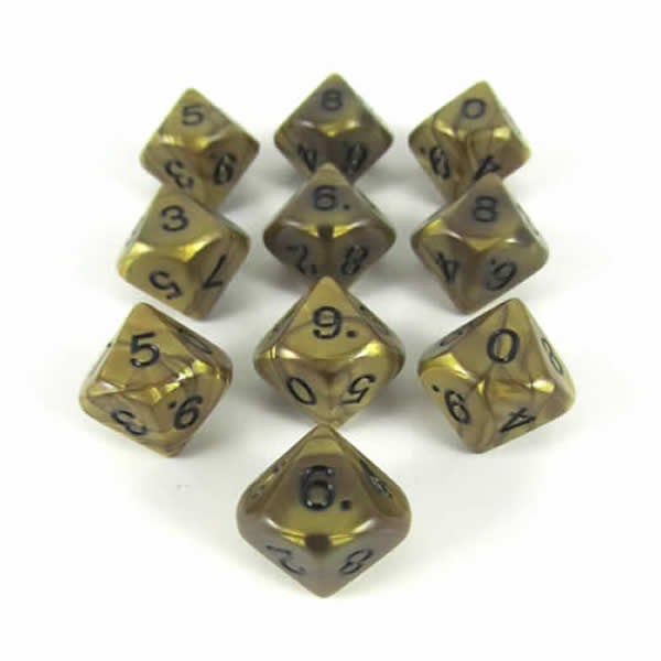 KOP12311 Gold Olympic Dice Black Numbers D10 16mm (5/8in) Set of 10 Main Image