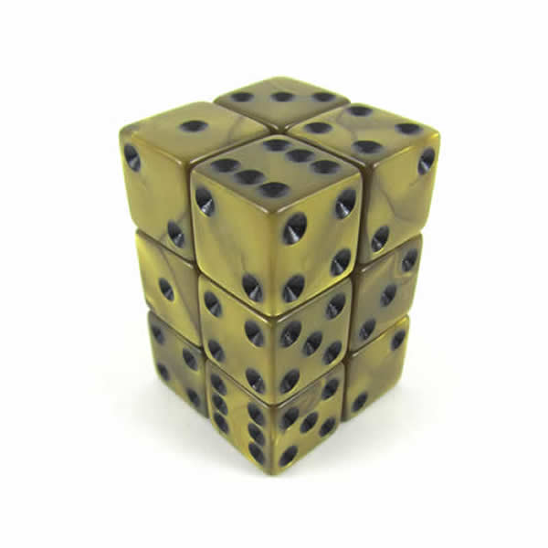KOP12353 Gold Olympic Dice with Black Pips D6 16mm (5/8in) Set of 12 Main Image